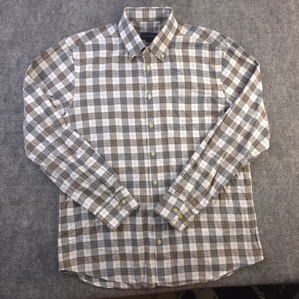Scott Barber Shirt Large Brown Gray Plaid Long Sleeve‎ Button Down Pocket